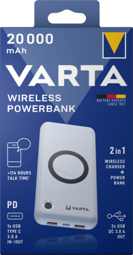 VARTA vezeték nélküli power bank doboz. Fehér power bank fekete körrel. Kék háttér szöveggel.