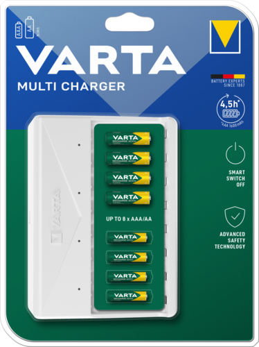 VARTA multi töltő elemekkel. Fehér töltő zöld elemekkel, kék-zöld csomagolásban.