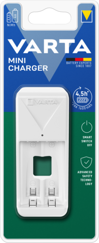 Egy Varta Mini Charger csomag a belsejében látható töltővel.
