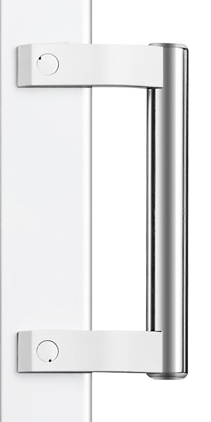 White door handle with a silver bar and two white attachments. Close-up shot on white.