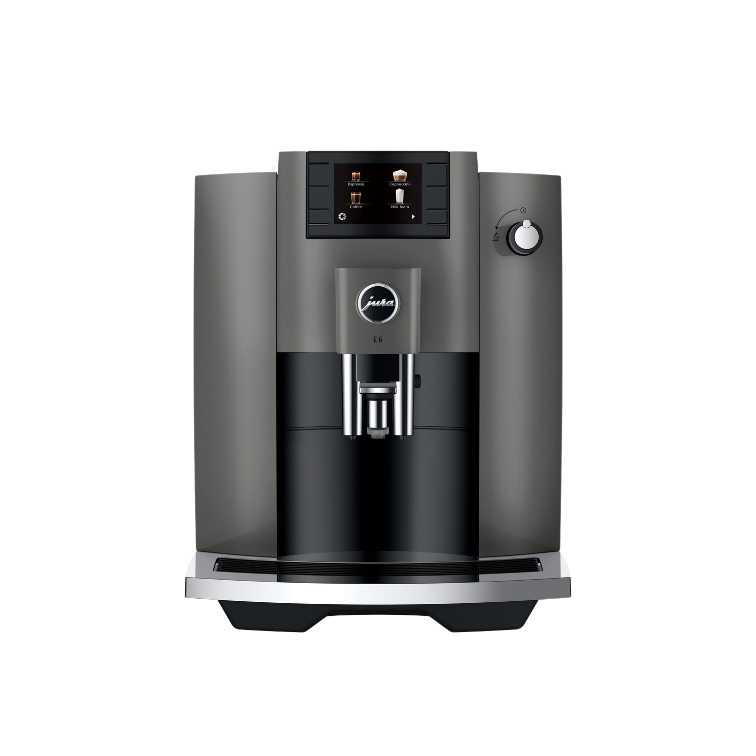 Donkergrijze Jura E6 koffiemachine. Zwarte achtergrond.