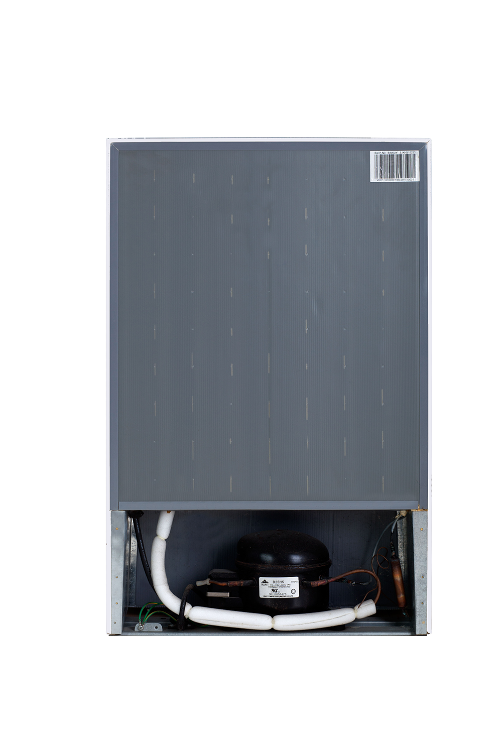The back of a white refrigerator, revealing the compressor, coils, and wiring against a white background.