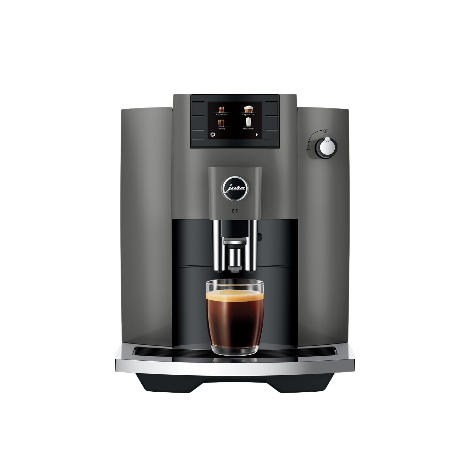 Grijze koffiemachine met een glas koffie, een zwart scherm en een zilveren basis.
