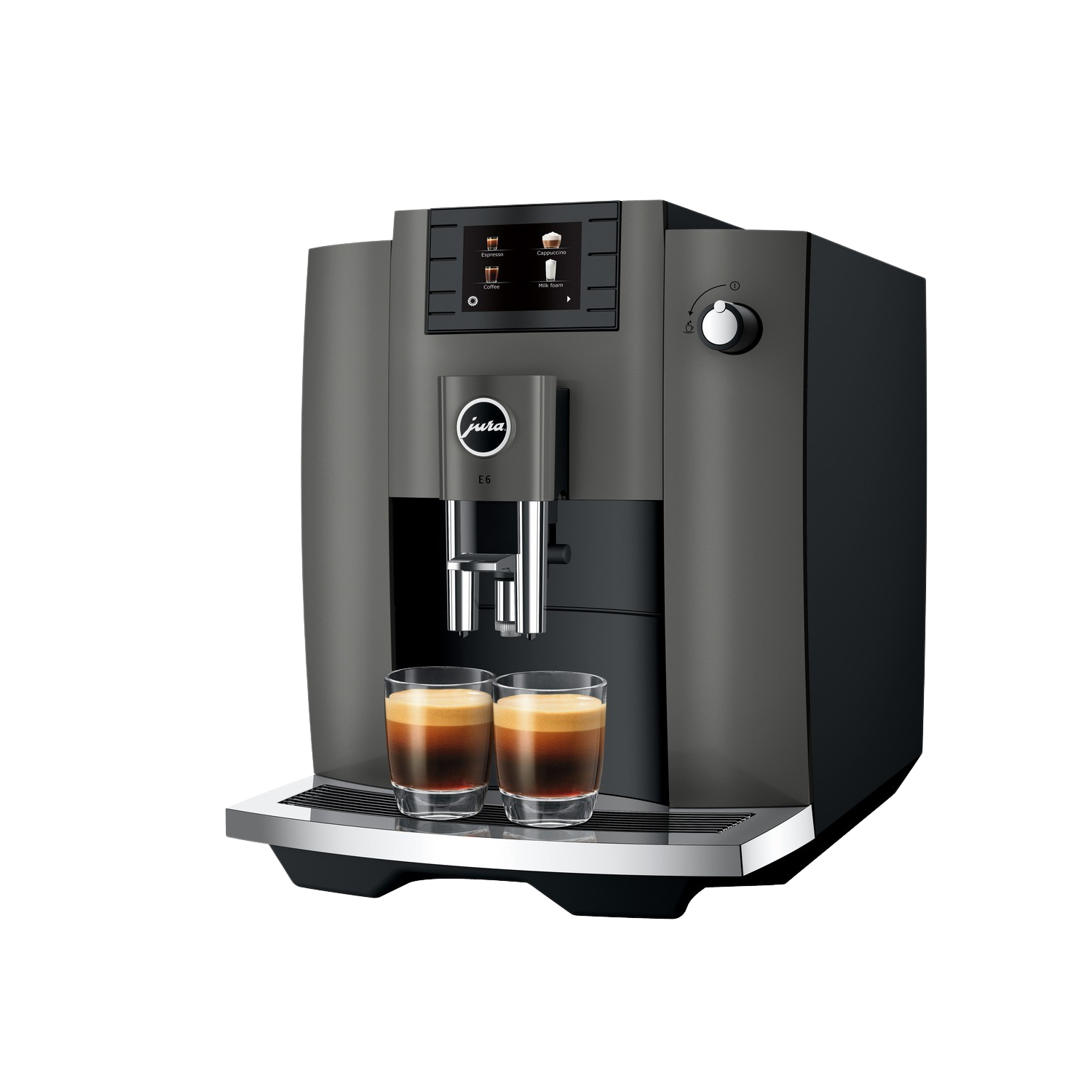 Een donkergrijze Jura E6 koffiemachine. Er worden twee kopjes espresso geserveerd.
