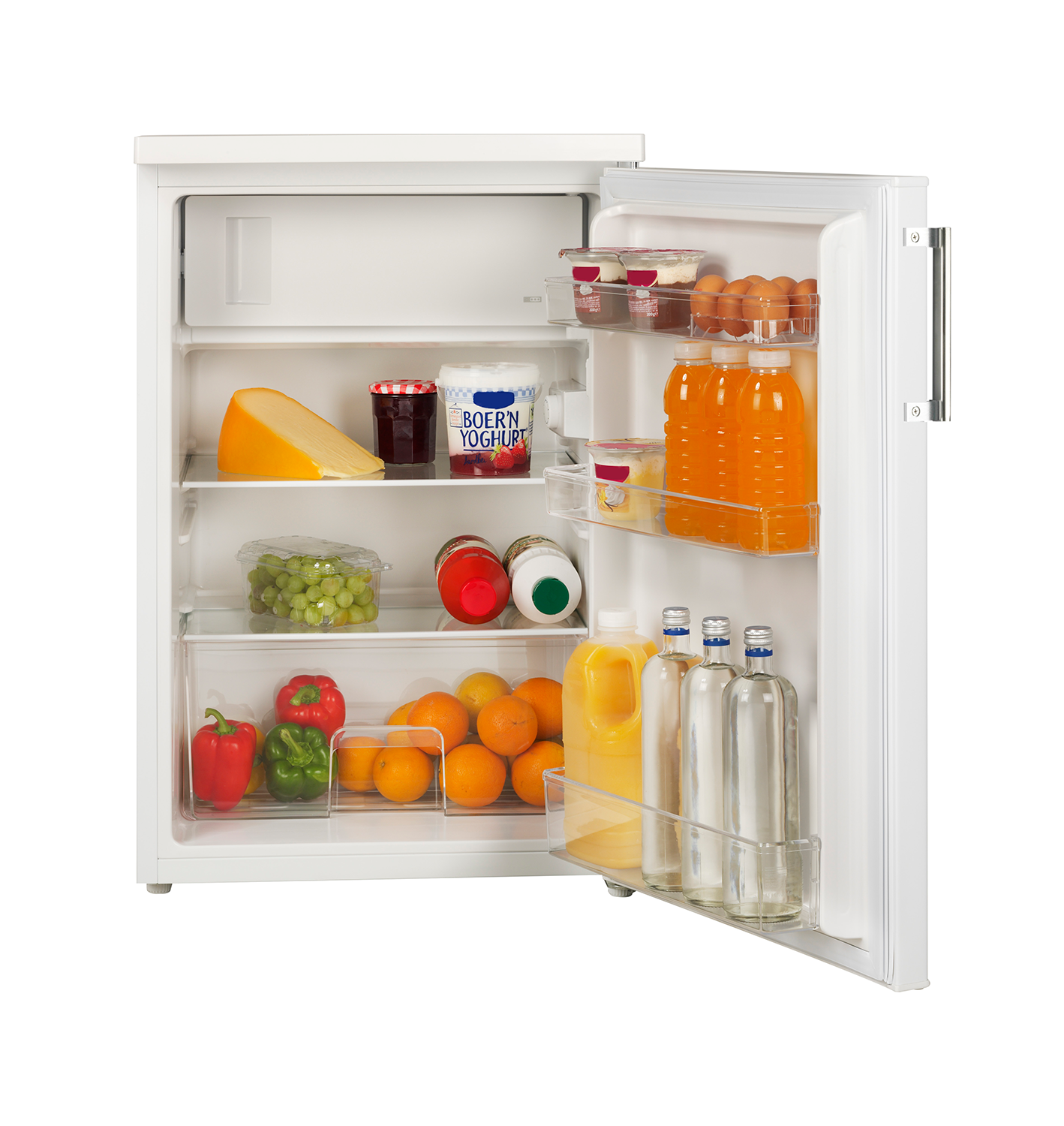 Open refrigerator with shelves of food: cheese, yogurt, drinks, fruits, vegetables, and eggs.