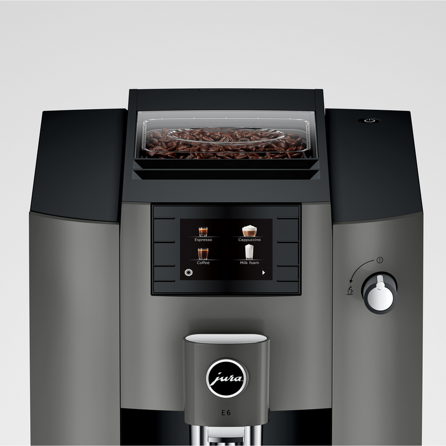 Een zwarte en grijze koffiemachine met een touchscreen en bonenopslag.