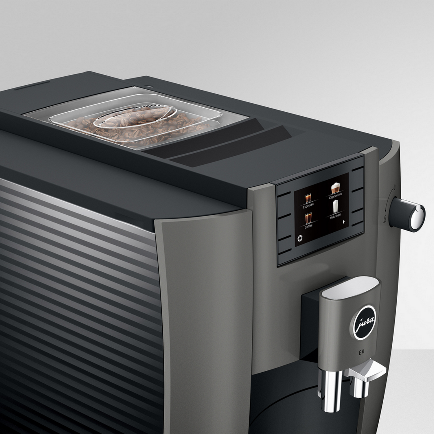 Jura E6 espressomachine met bonencontainer en aanraakscherm.