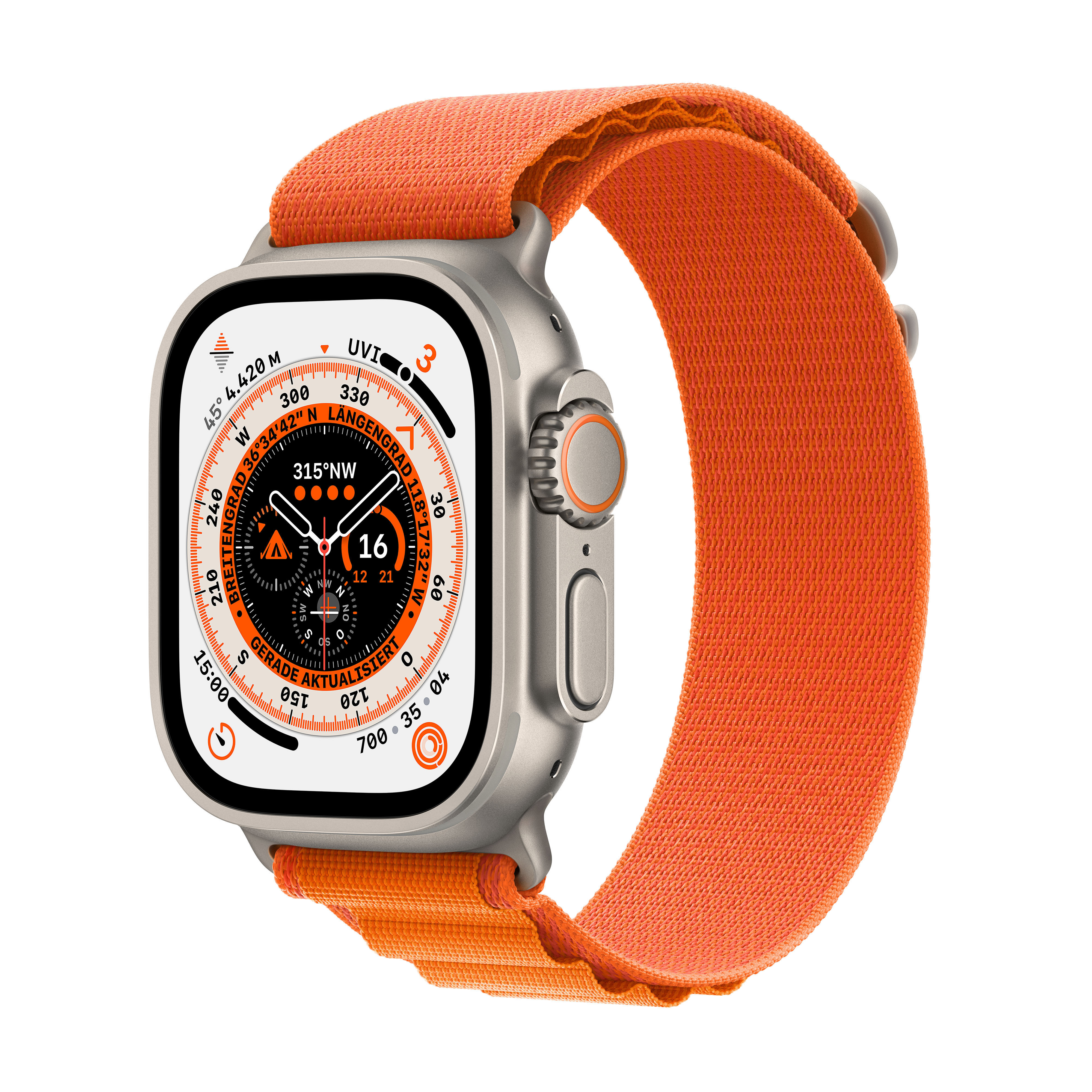 Silberne Apple Watch Ultra mit orangefarbenem Armband, zeigt das Zifferblatt.