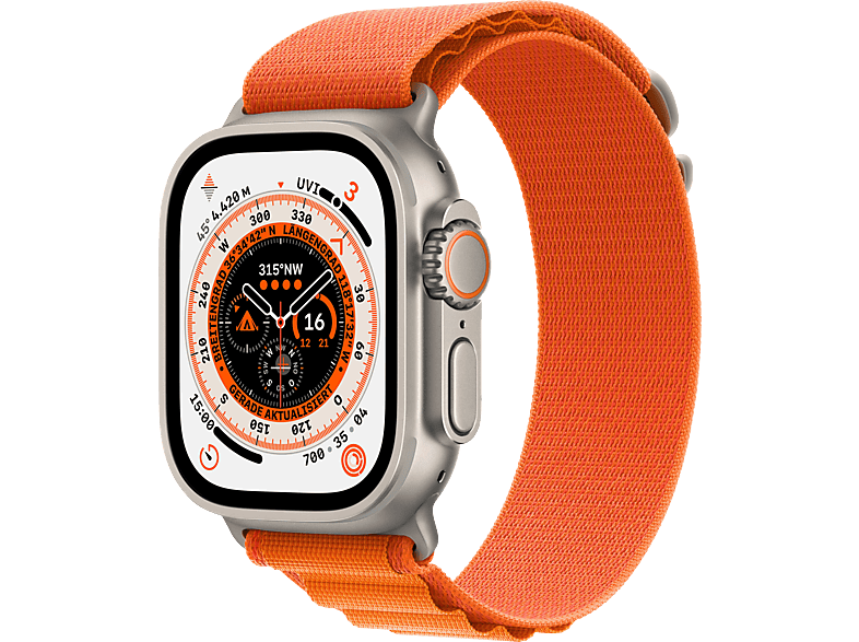APPLE Watch Ultra TIT 49 GPS+CEL mm, MEDIUM 190 Orange Smartwatch Gewebe, - 145 W Titan
