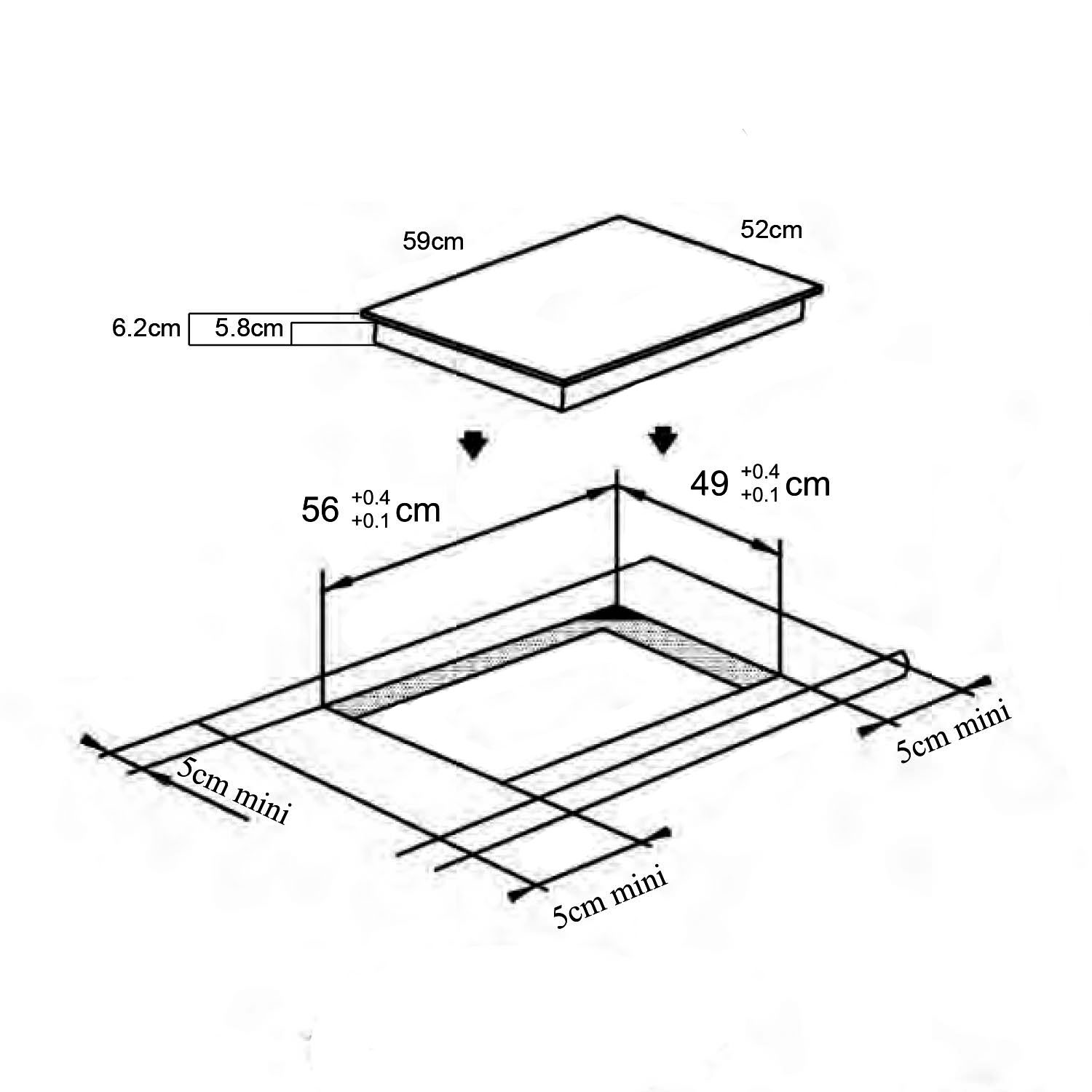 Disegno tecnico, che mostra le dimensioni di un piano cottura.
