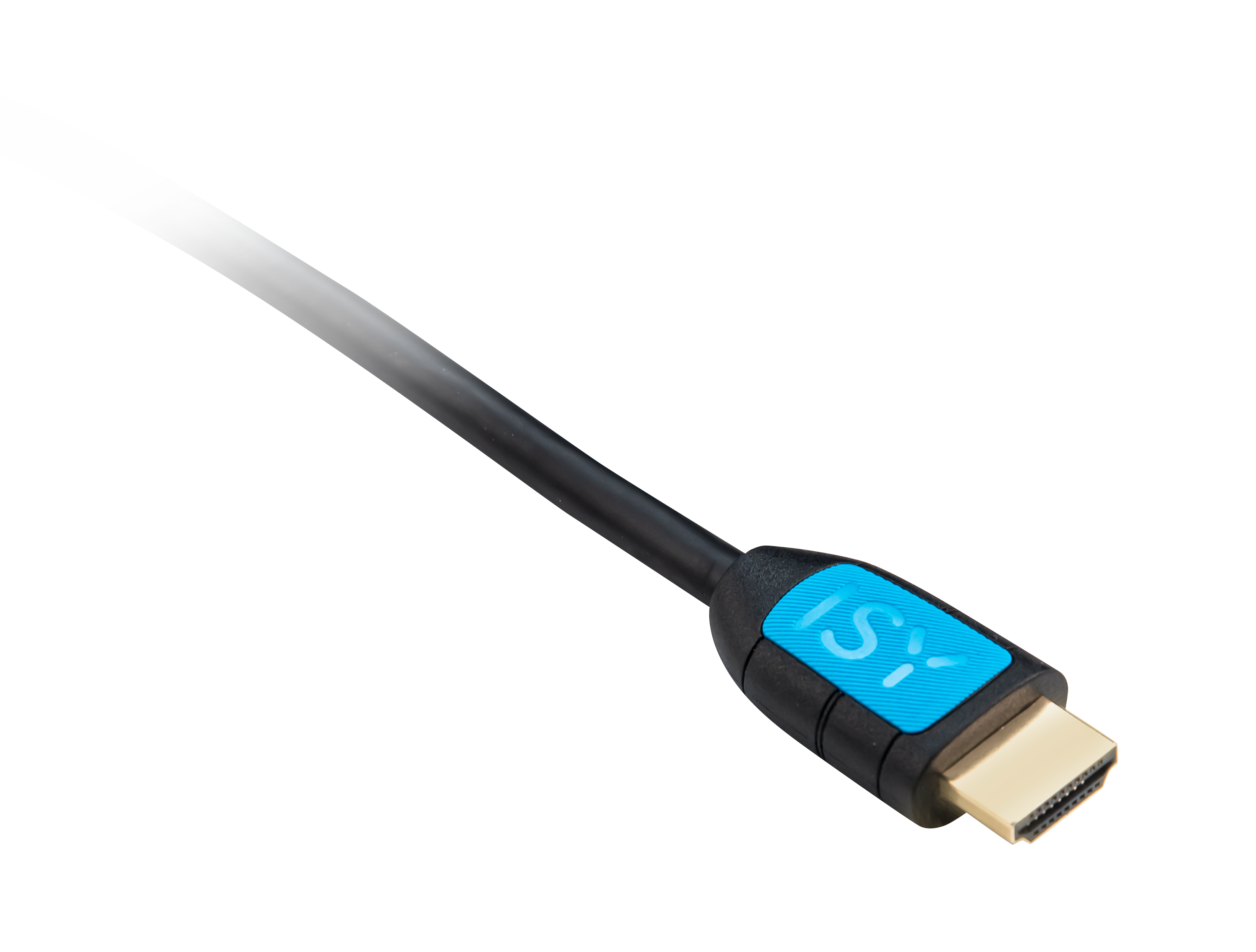 Schwarzes HDMI-Kabel mit blauem und schwarzem Stecker.
