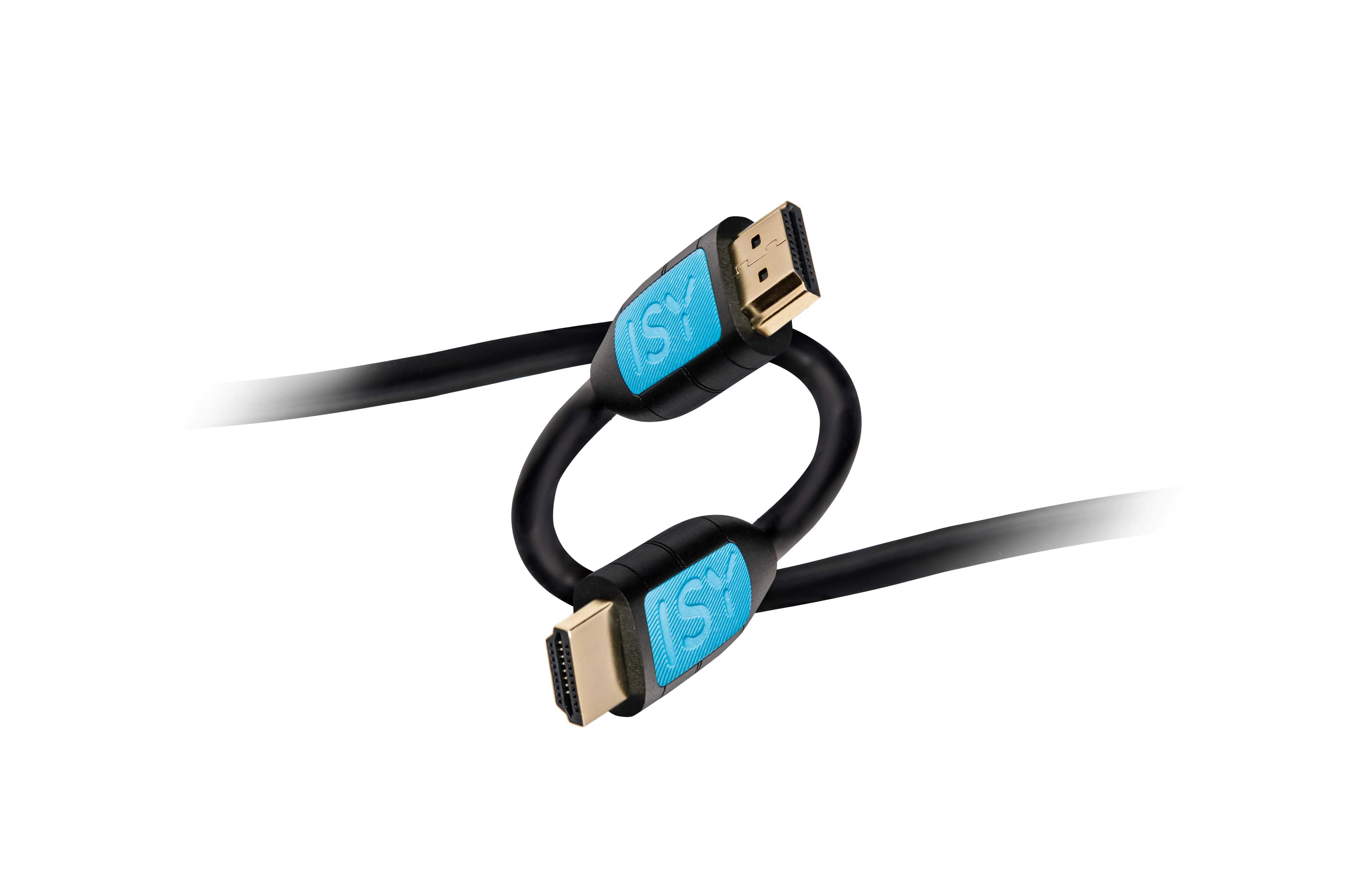 Zwei HDMI-Kabel, schwarz mit blauen und goldenen Steckern, auf schwarzem Hintergrund.