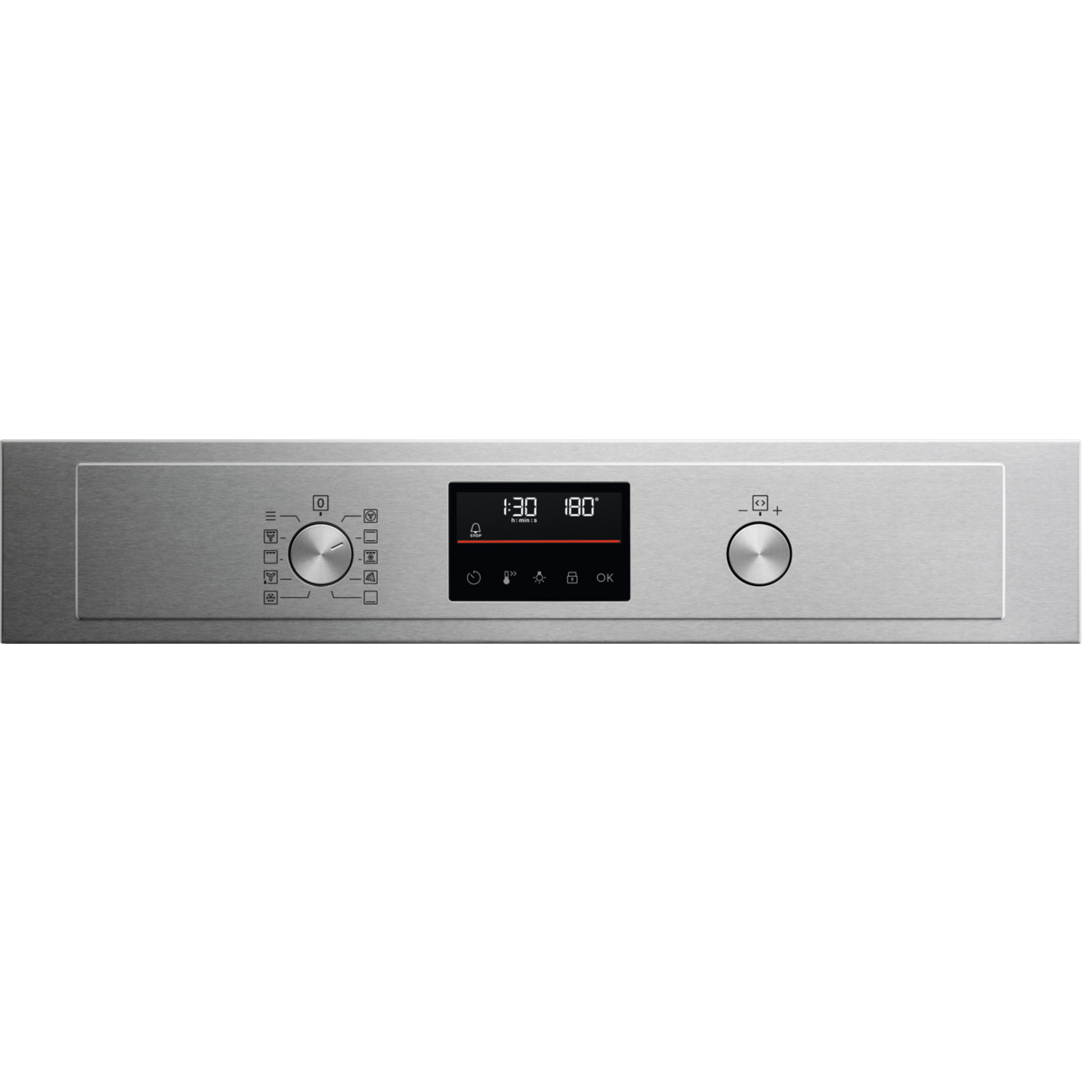Panel de control del horno plateado con pantalla digital que muestra ajustes de tiempo y temperatura. Perillas.