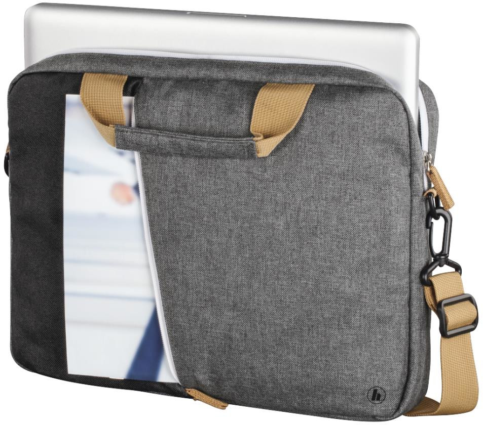 Een grijze laptoptas met een laptop en papieren. Een schouderriem en een handvat zijn zichtbaar.