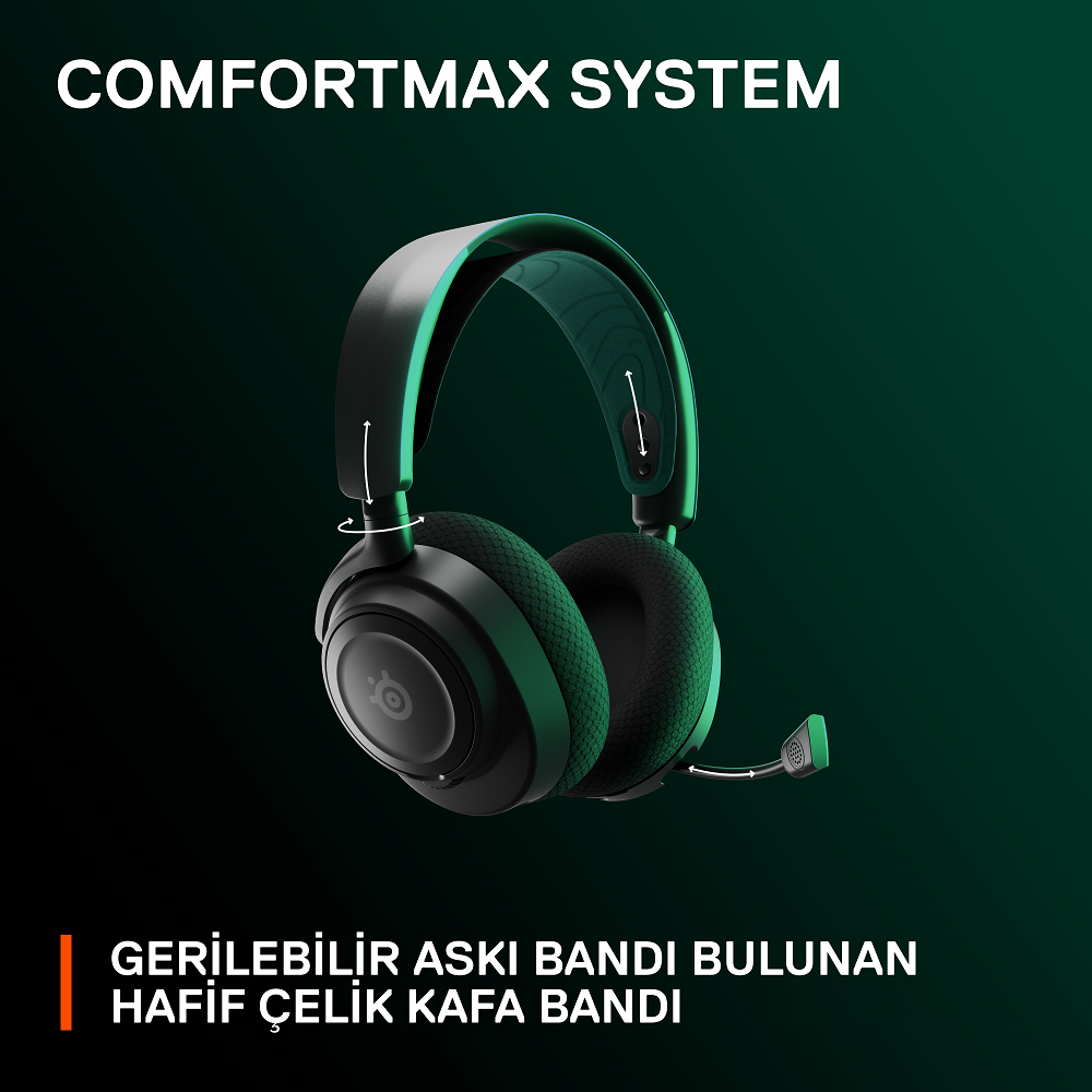 Mikrofonlu ve 'COMFORTMAX SYSTEM' yazılı siyah ve yeşil oyun kulaklığı.
