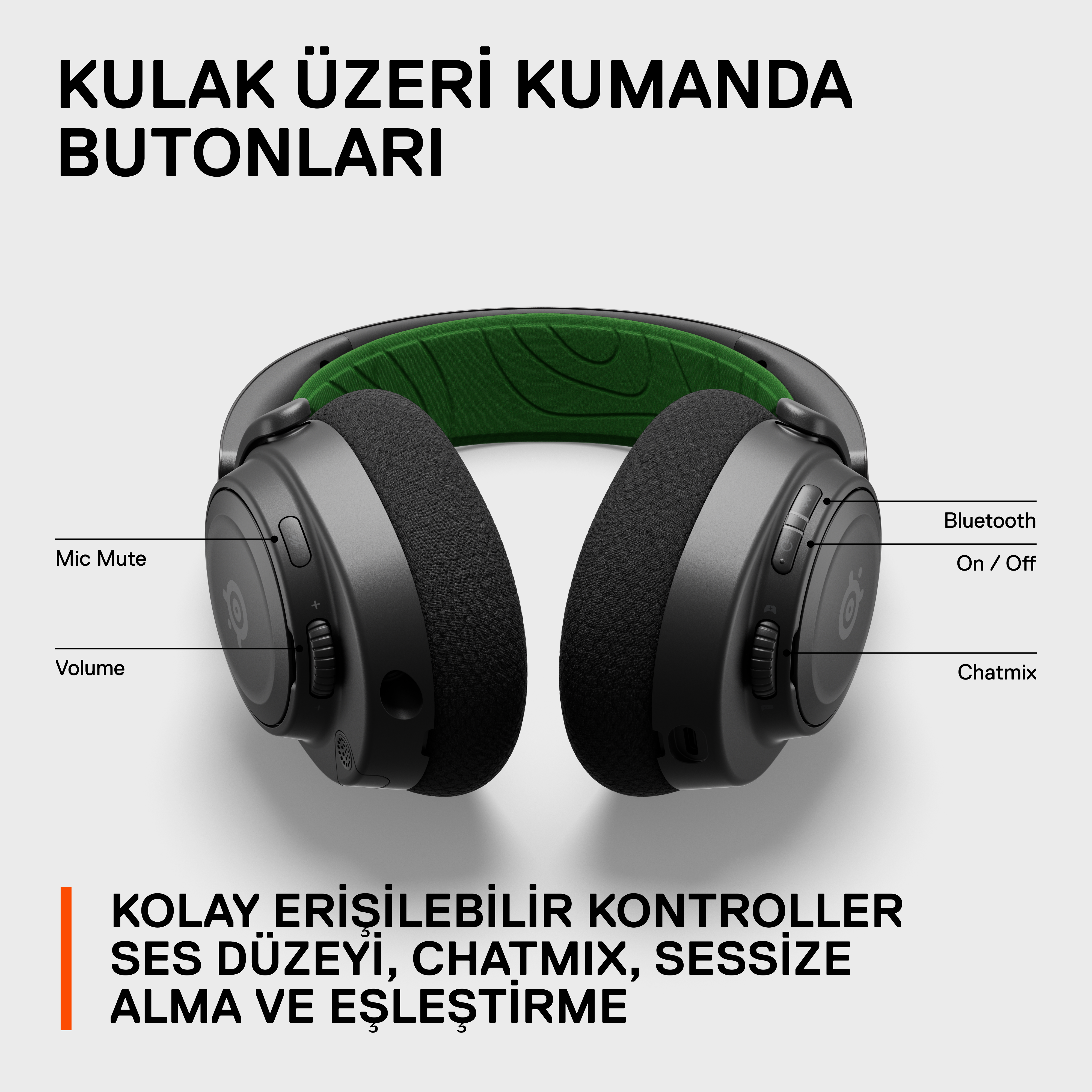 Etiketli düğmeleri olan siyah kulaklıklar: Mikrofonu Kapat, Ses, Bluetooth, Aç/Kapat ve Chatmix. Yeşil iç kısım.
