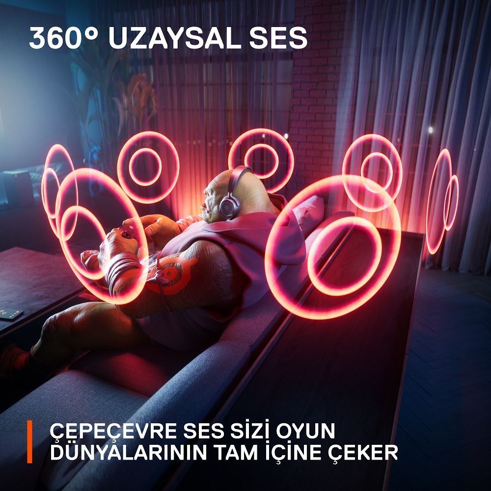 Odalarda parlayan halkalarla çevrili kulaklıklı bir çizgi film karakteri.