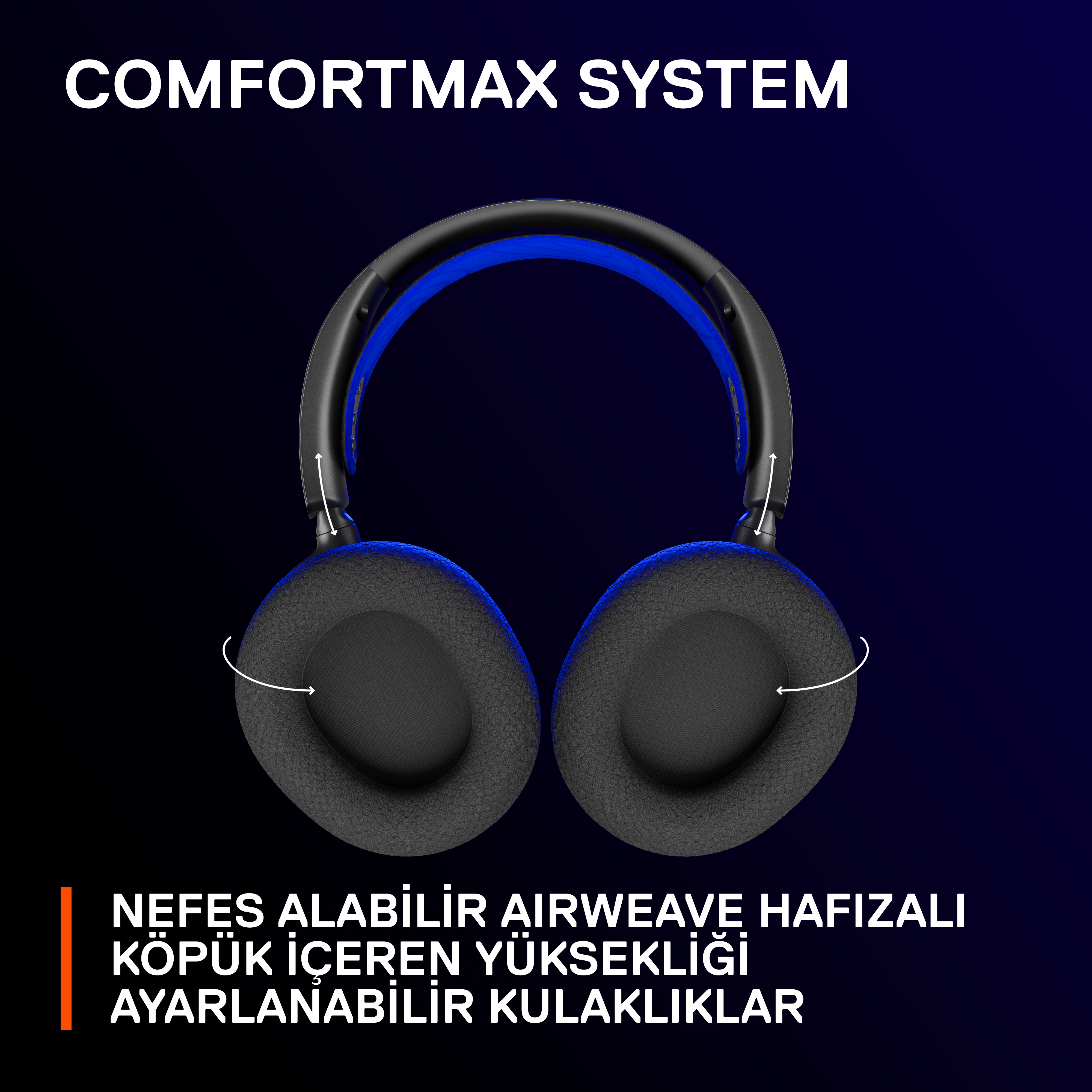 Mavi vurgulu siyah kulaklıklar, üstte 'COMFORTMAX SYSTEM' yazısı.