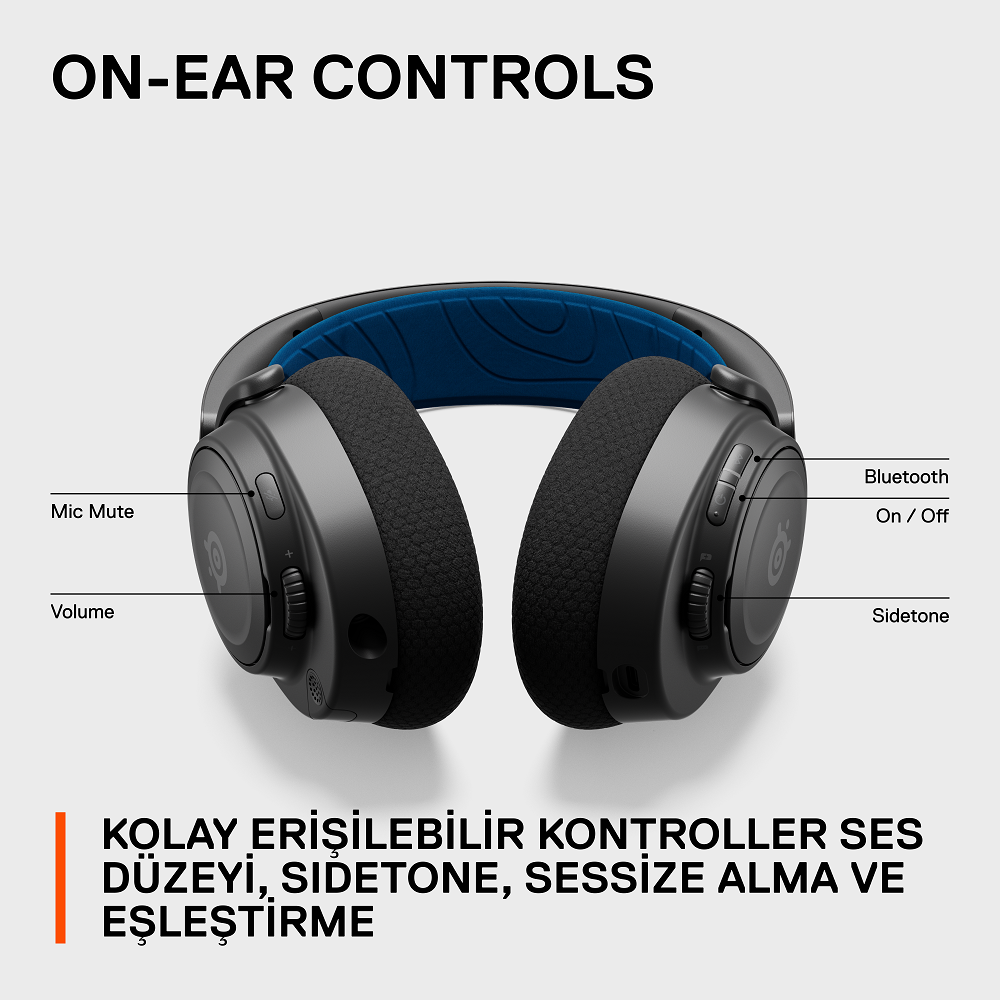 Mikrofonu kapatma, ses düzeyi ve Bluetooth için kulak üstü kontrollere sahip siyah kulaklık.