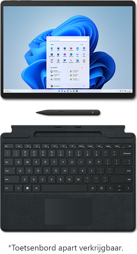 Een tablet toont Windows 11. Daaronder een toetsenbord en stylus. Het scherm toont app-iconen.