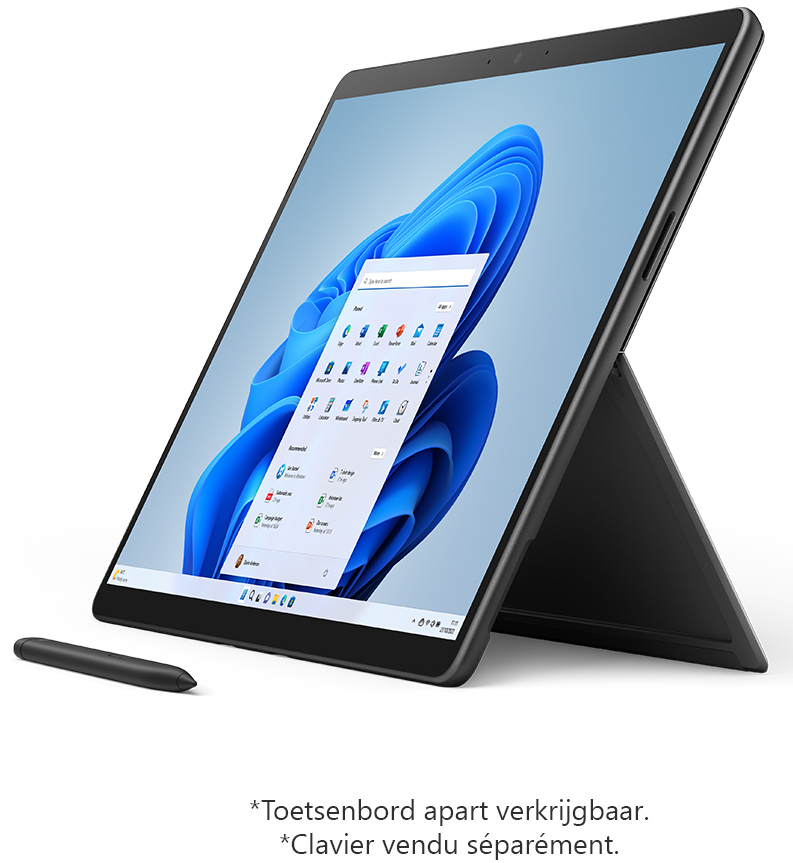 Een zwarte tablet met stylus op witte achtergrond. Het scherm toont een Windows 11 interface.