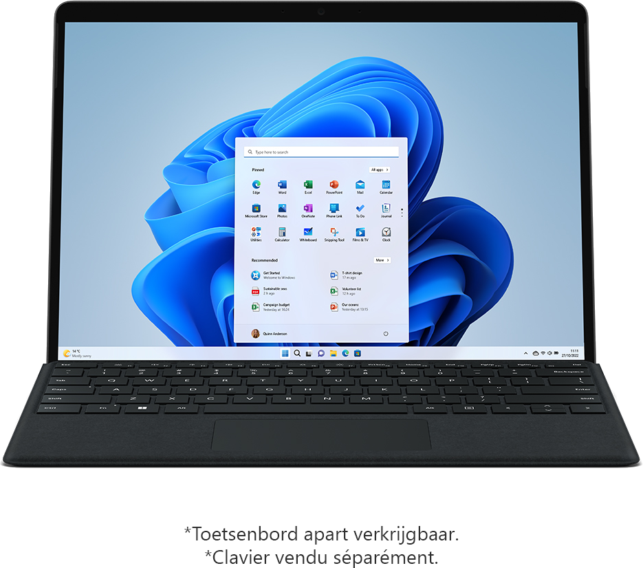 Een laptop toont Windows 11. Het scherm toont het startmenu met iconen. Het toetsenbord is donker en bevestigd.