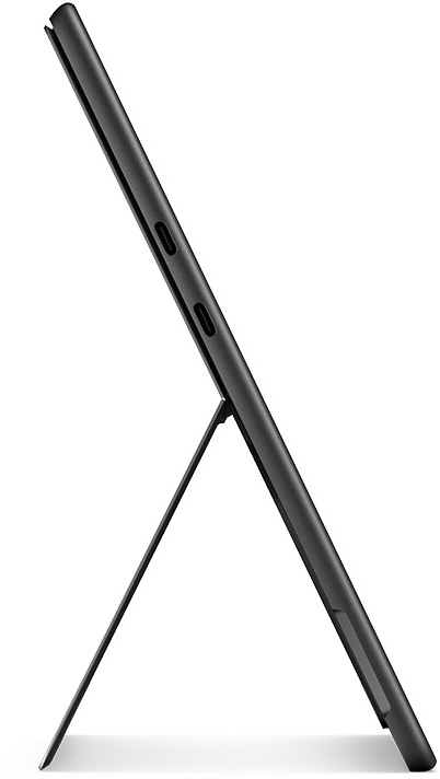 Een zwarte tablet wordt ondersteund door een standaard. De tablet staat schuin naar de kijker, met poorten zichtbaar.