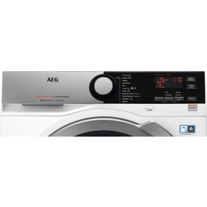 Lavadora blanca con panel de control y pantalla, detalles visibles.