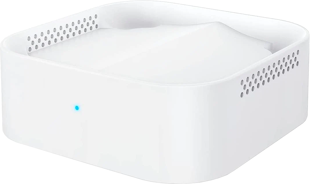 Witte router, rechthoekig met afgeronde hoeken, met een blauw lampje en ventilatiegaten.