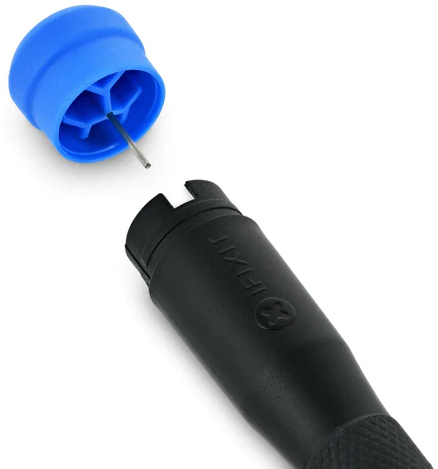 An iFixit opening tool with a blue cap and a black handle. The tip is visible.