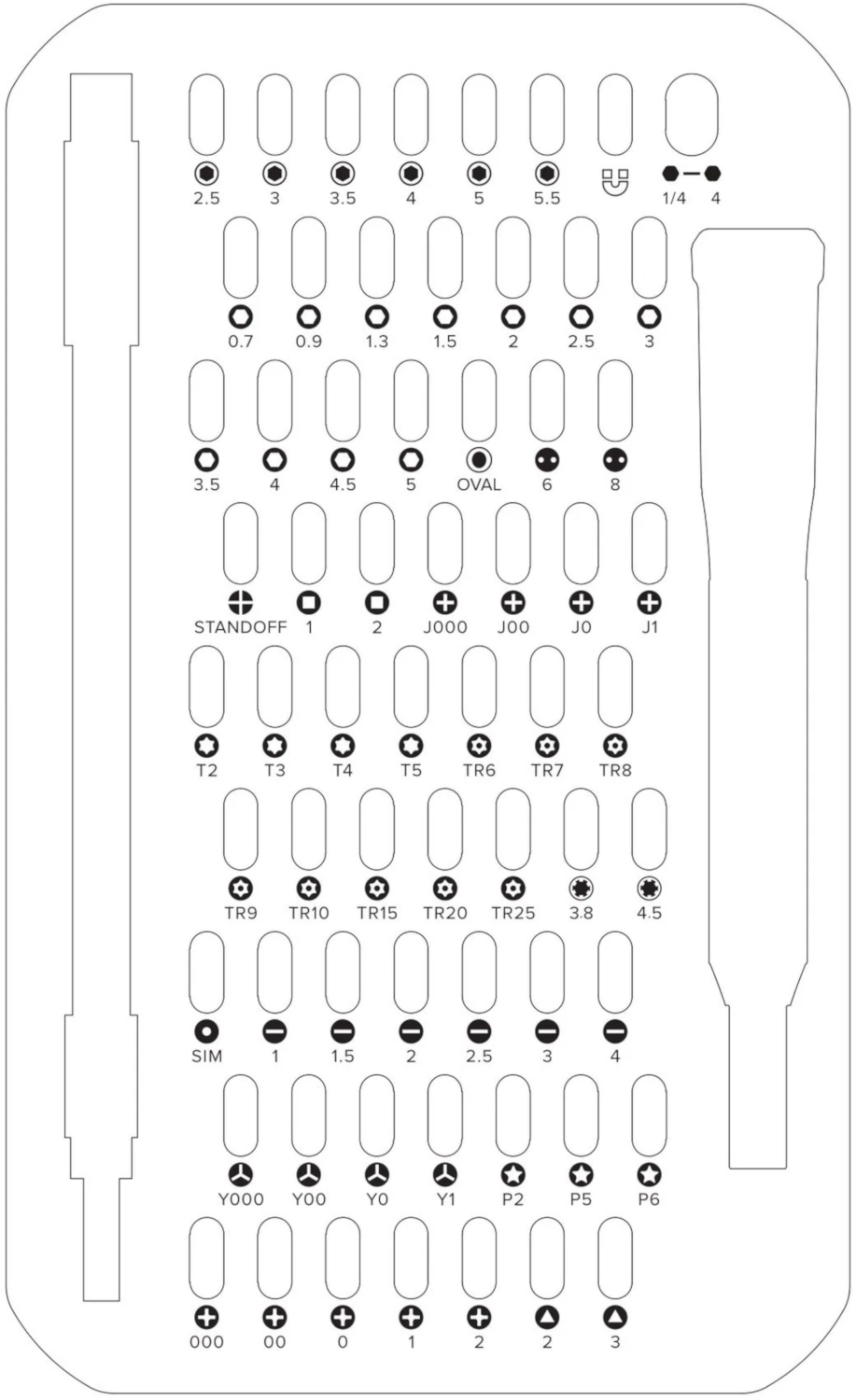 A set of screwdriver bits with different sizes and shapes, arranged in a white plastic holder.