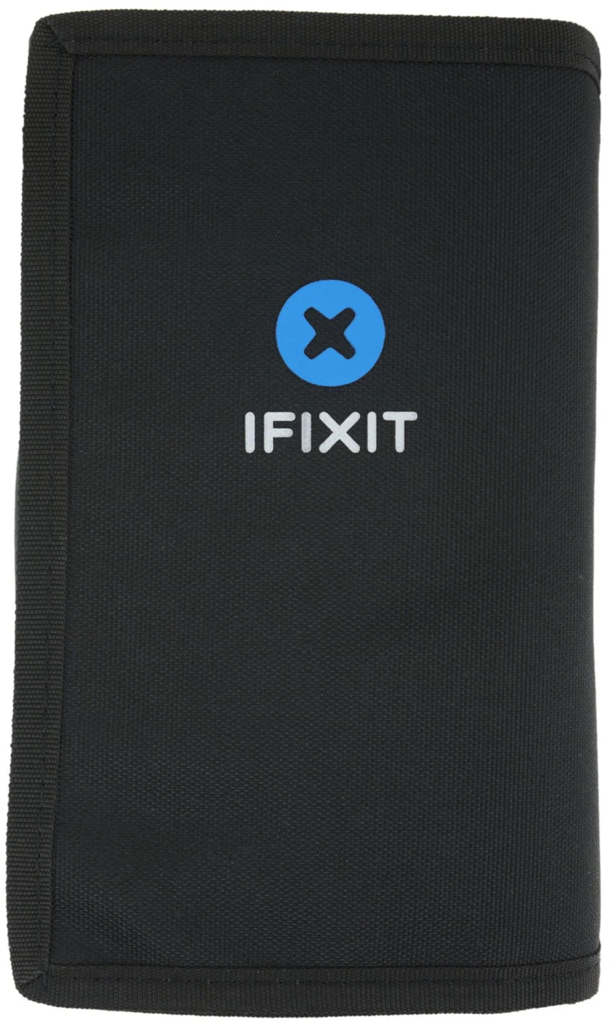 Zwarte iFixit gereedschapsrol met het blauwe iFixit-logo, gesloten en rechtop.