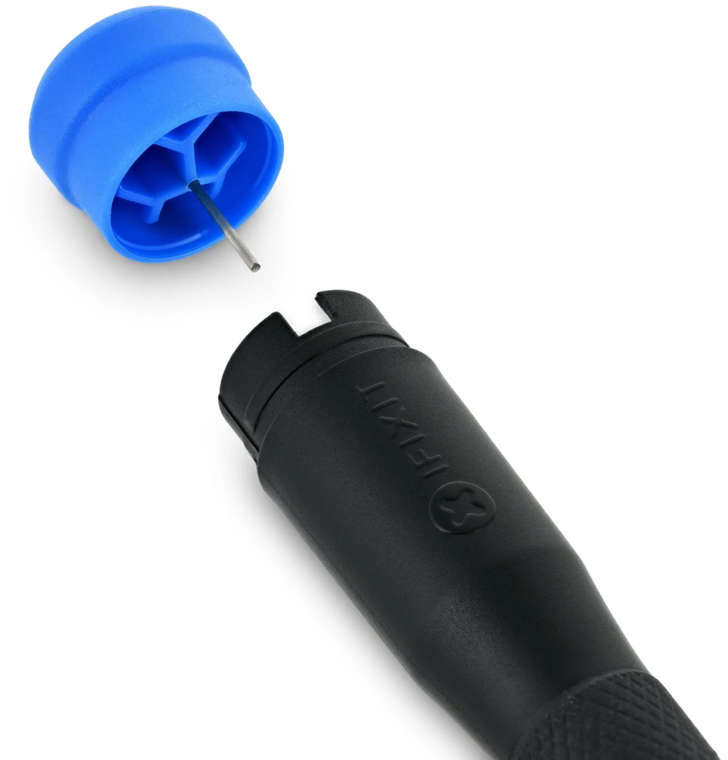 Screwdriver with a blue cap and a metal pin, close-up on white background.