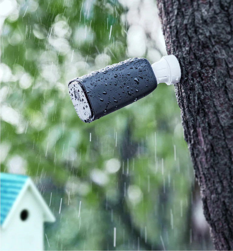 Une caméra de sécurité noire sur un arbre sous la pluie. Un nichoir blanc en arrière-plan, avec du feuillage.
