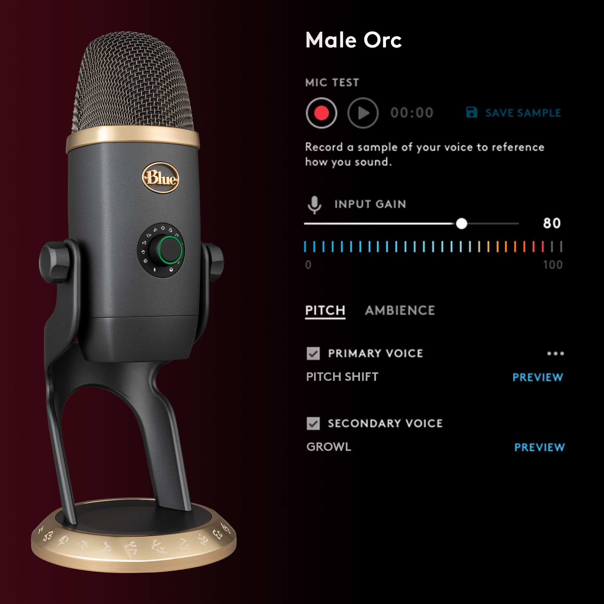 Un micrófono negro y dorado con una interfaz digital que muestra la configuración de voz.