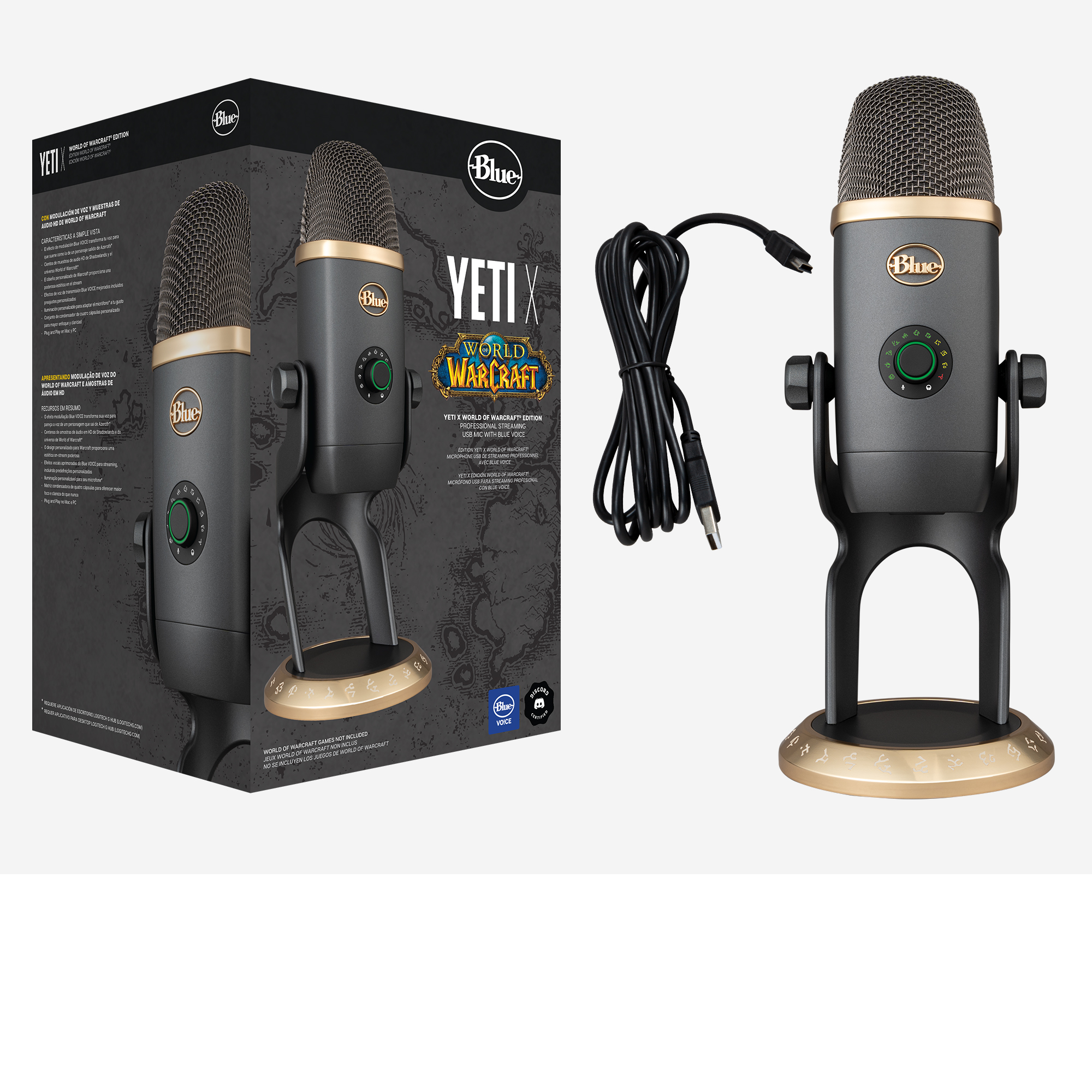 Micrófono Blue Yeti X y su caja, con tema World of Warcraft, y un cable USB.