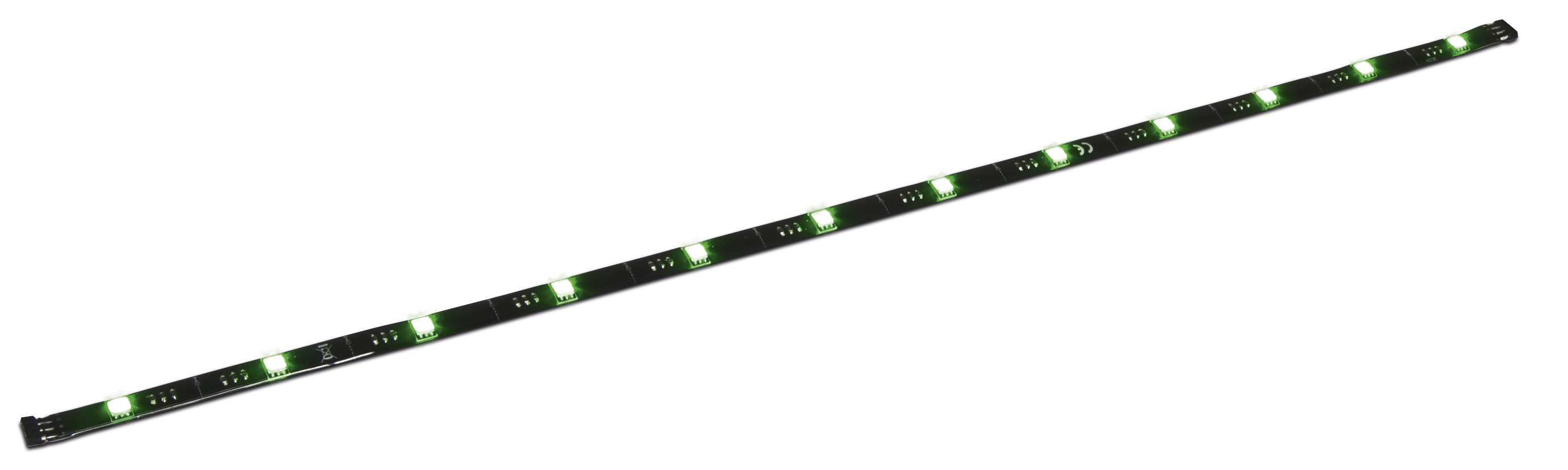 Ein langer, dünner LED-Lichtstreifen mit grünen Lichtern und schwarzem Sockel, auf weißem Hintergrund.