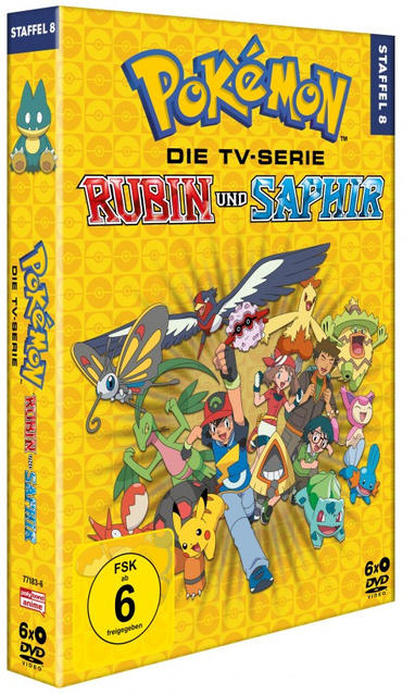 DVD-Box-Set für die Pokémon-TV-Serie Rubin und Saphir, mit Charakteren und Text.
