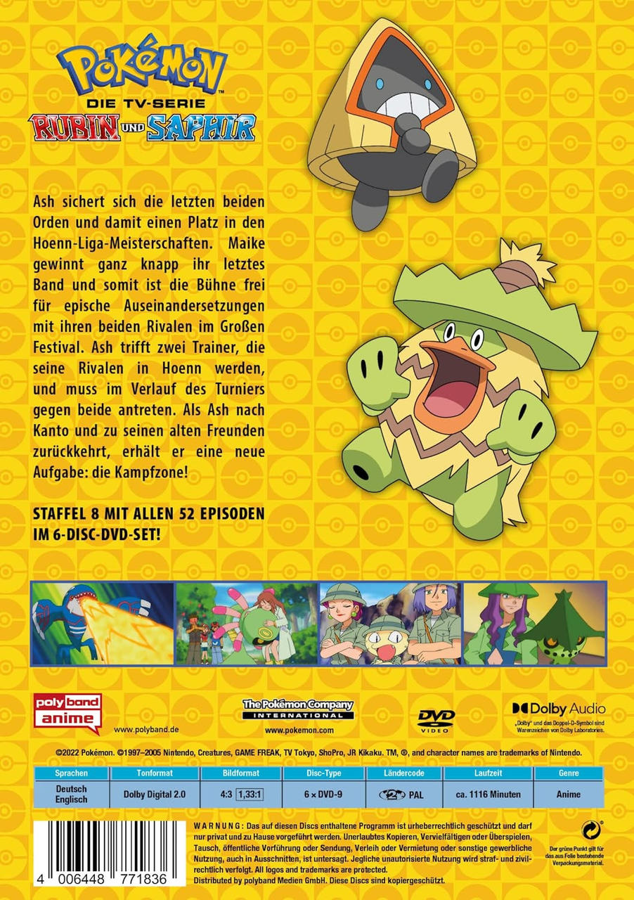 Eine DVD-Hülle für Pokémon mit Charakteren, Logos und Text in einem gelben Layout.