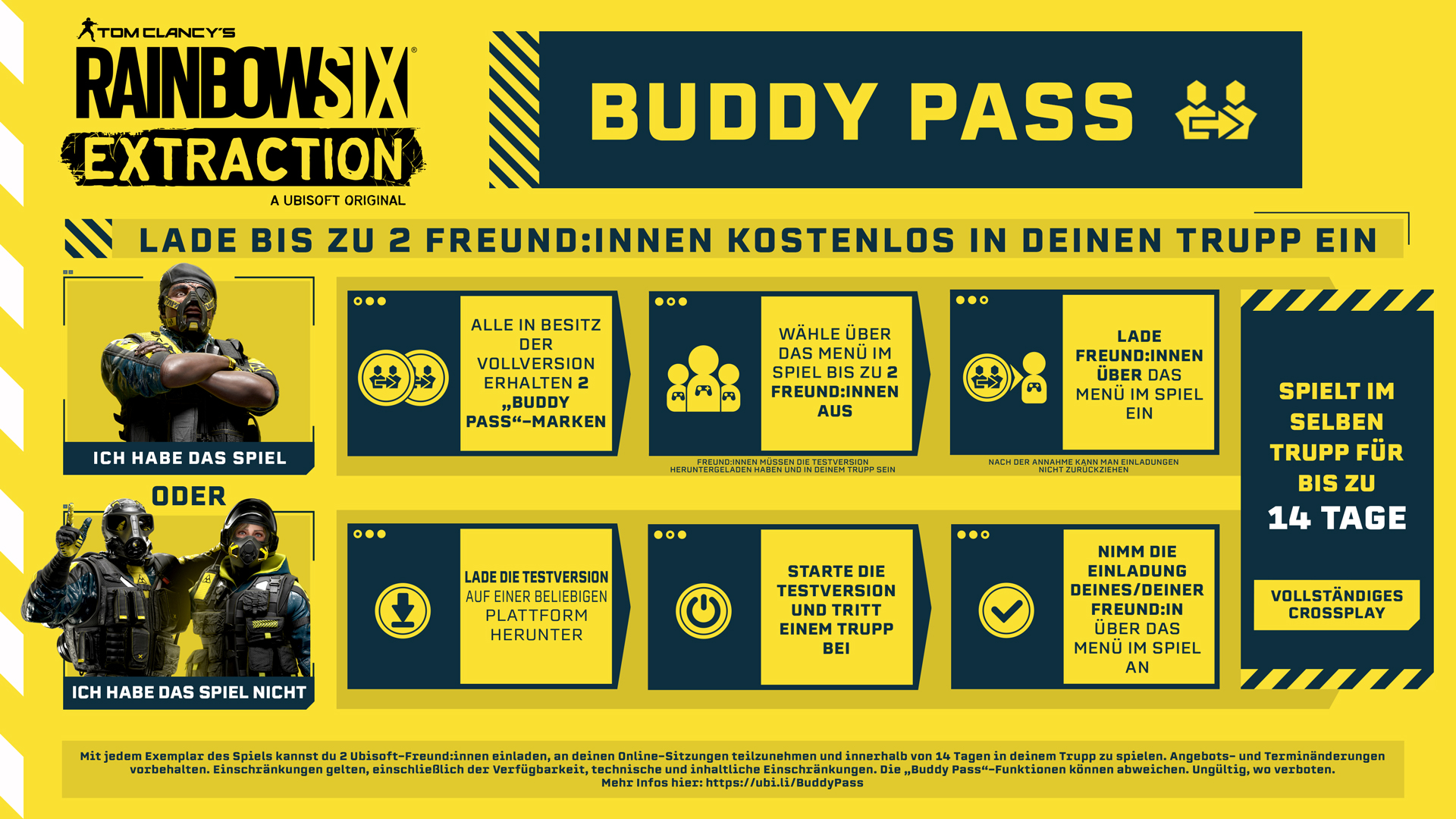 Promotion du jeu Rainbow Six Extraction. Texte et images sur le Buddy Pass, avec des graphiques de personnages.