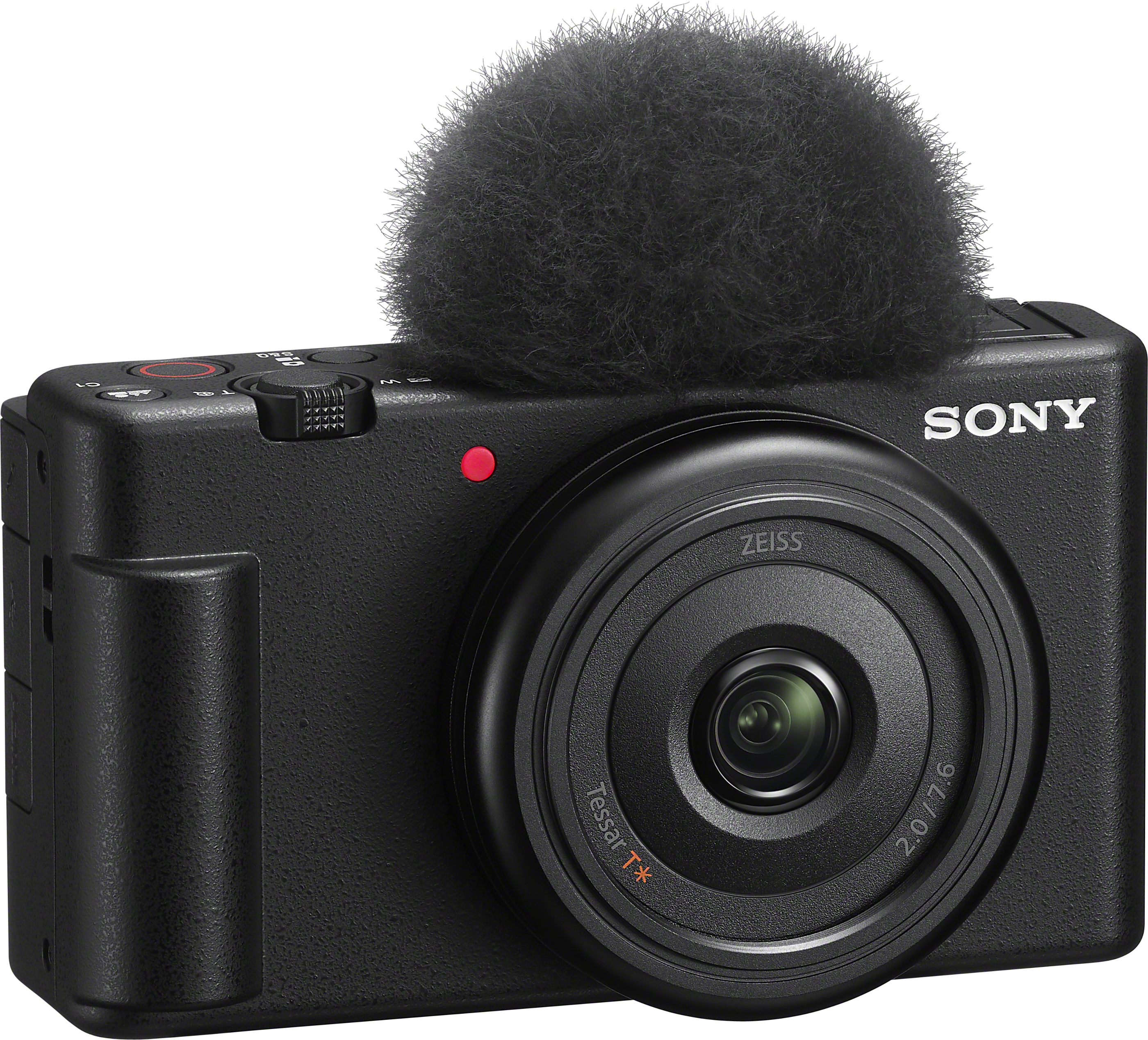 Fotocamera Sony nera con microfono, obiettivo e spia di alimentazione rossa.