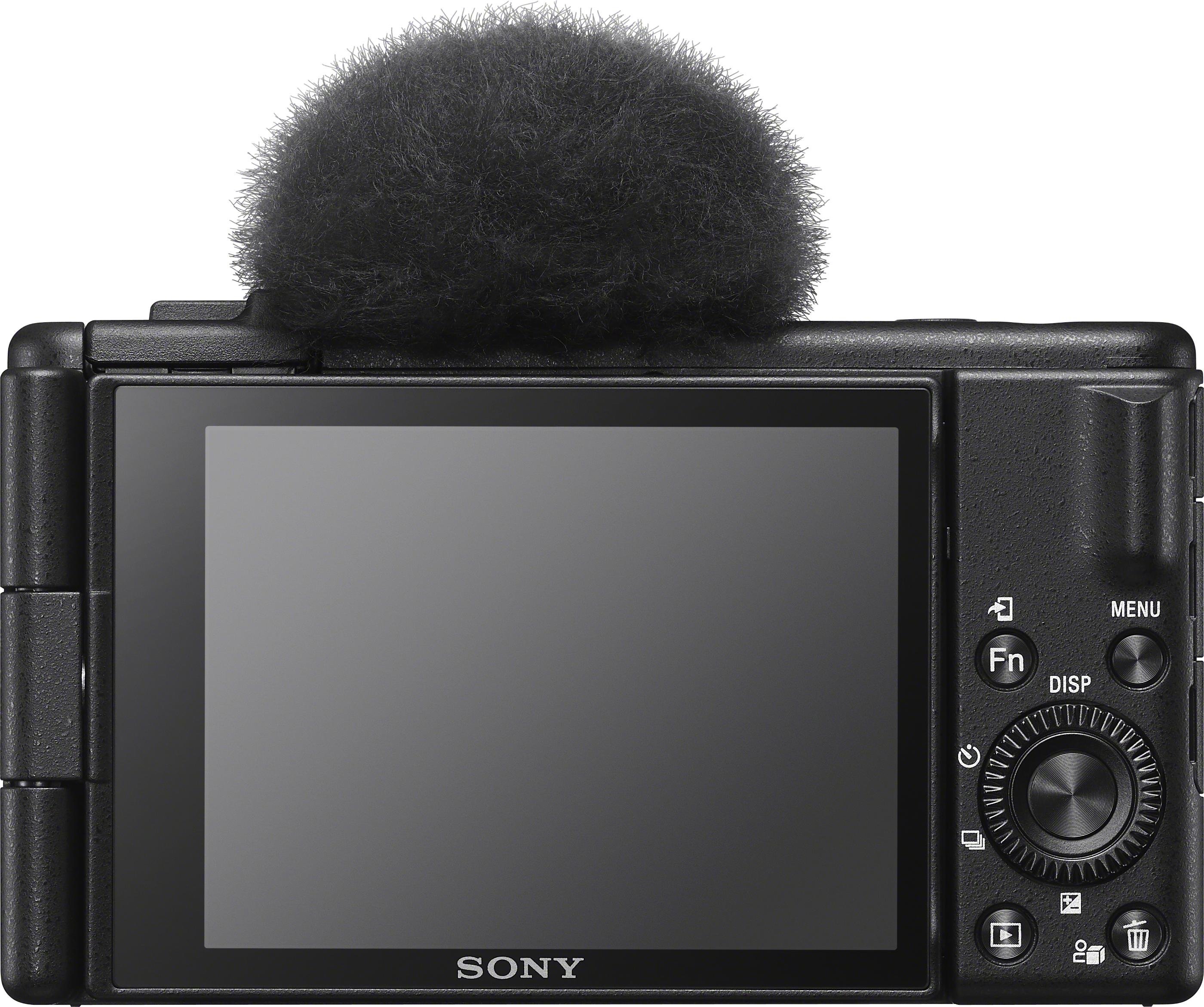 Fotocamera nera con microfono attaccato sopra e schermo che mostra un'interfaccia con pulsanti.