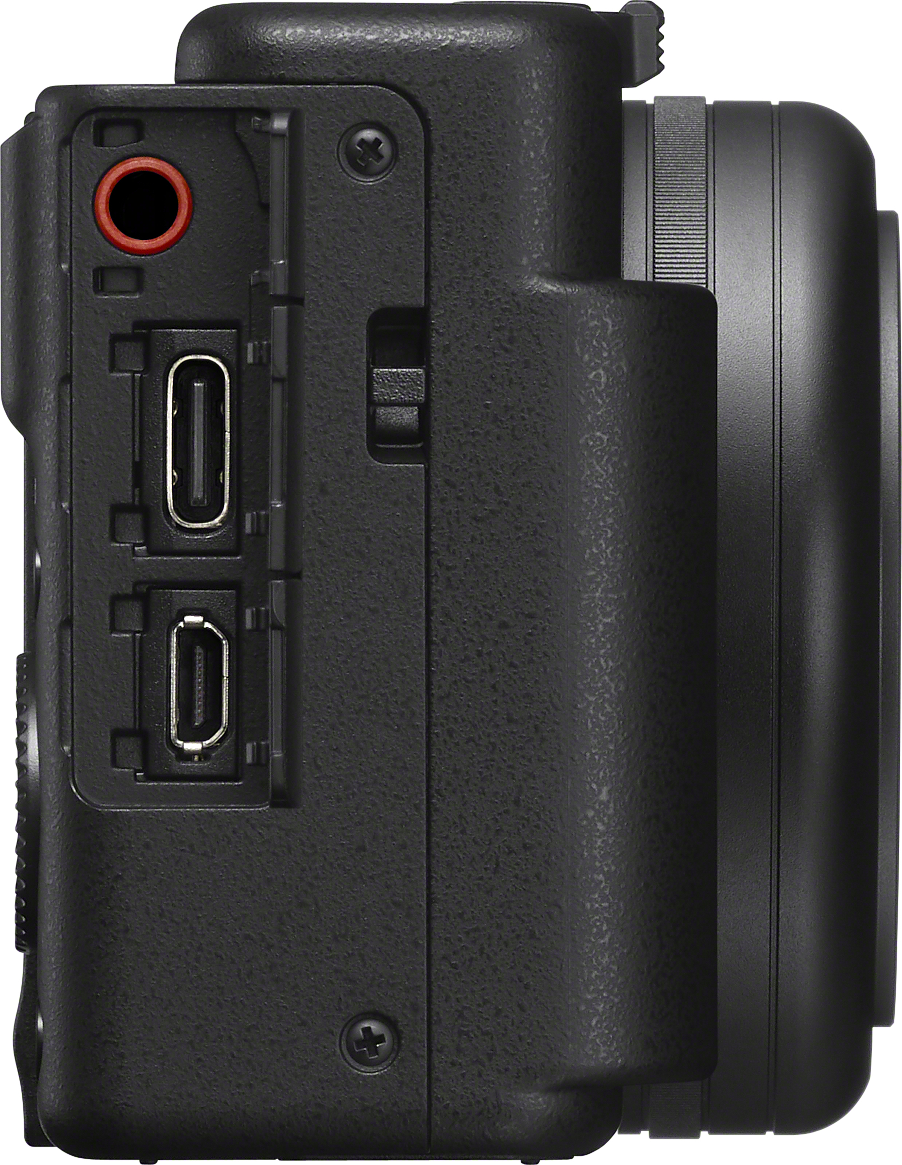 Vista laterale della fotocamera nera. Mostra le porte per audio, USB-C e USB-micro.