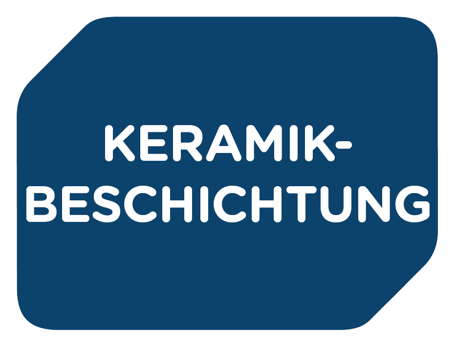Blaues Schild mit weißem Text: KERAMIK-BESCHICHTUNG.