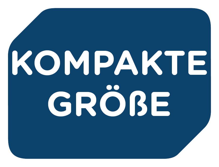 Ein blaues Schild mit den Worten: KOMPAKTE GRÖßE in weißen Buchstaben.