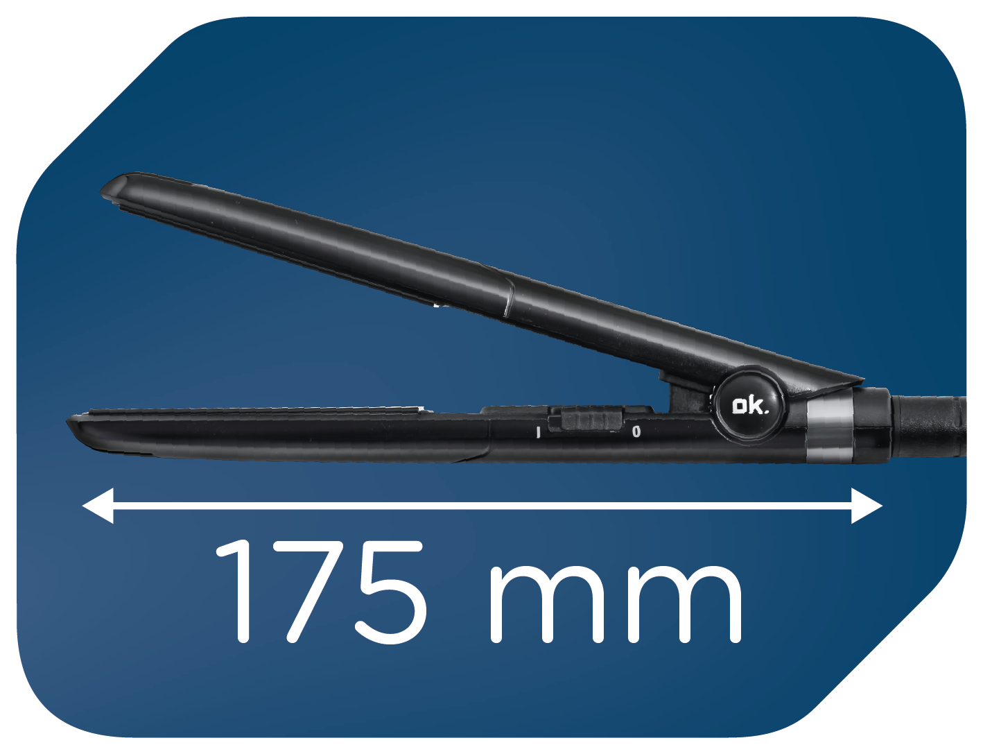 Ein schwarzer Haarglätter mit der Messung 175 mm auf blauem Hintergrund.