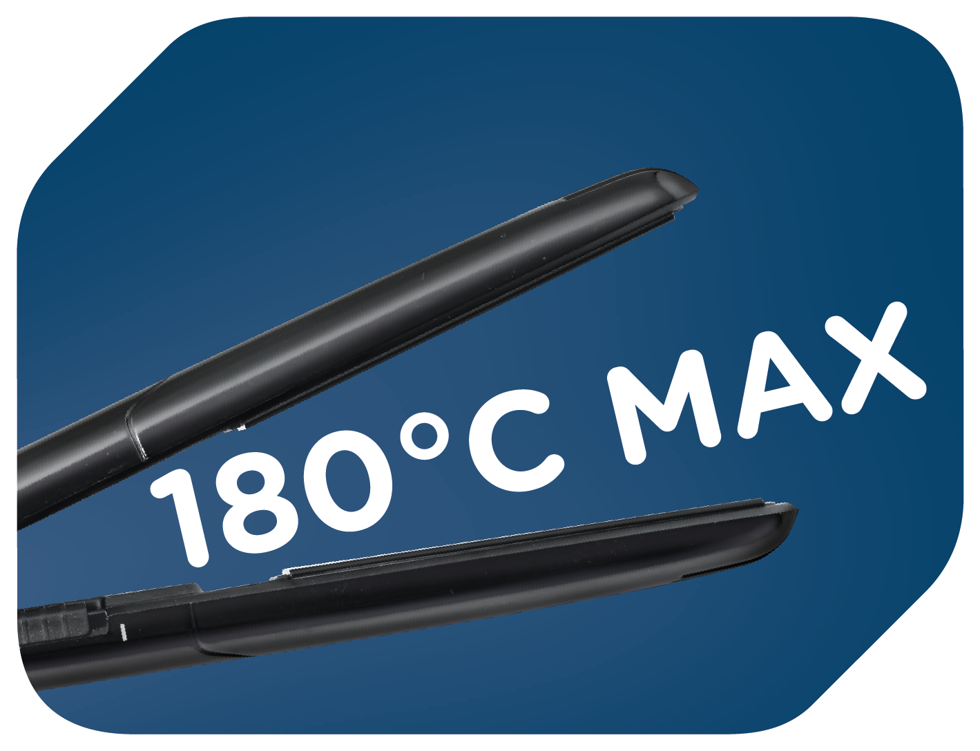 Ein schwarzer Haarglätter, der 180°C MAX anzeigt, vor blau-weißem Hintergrund.