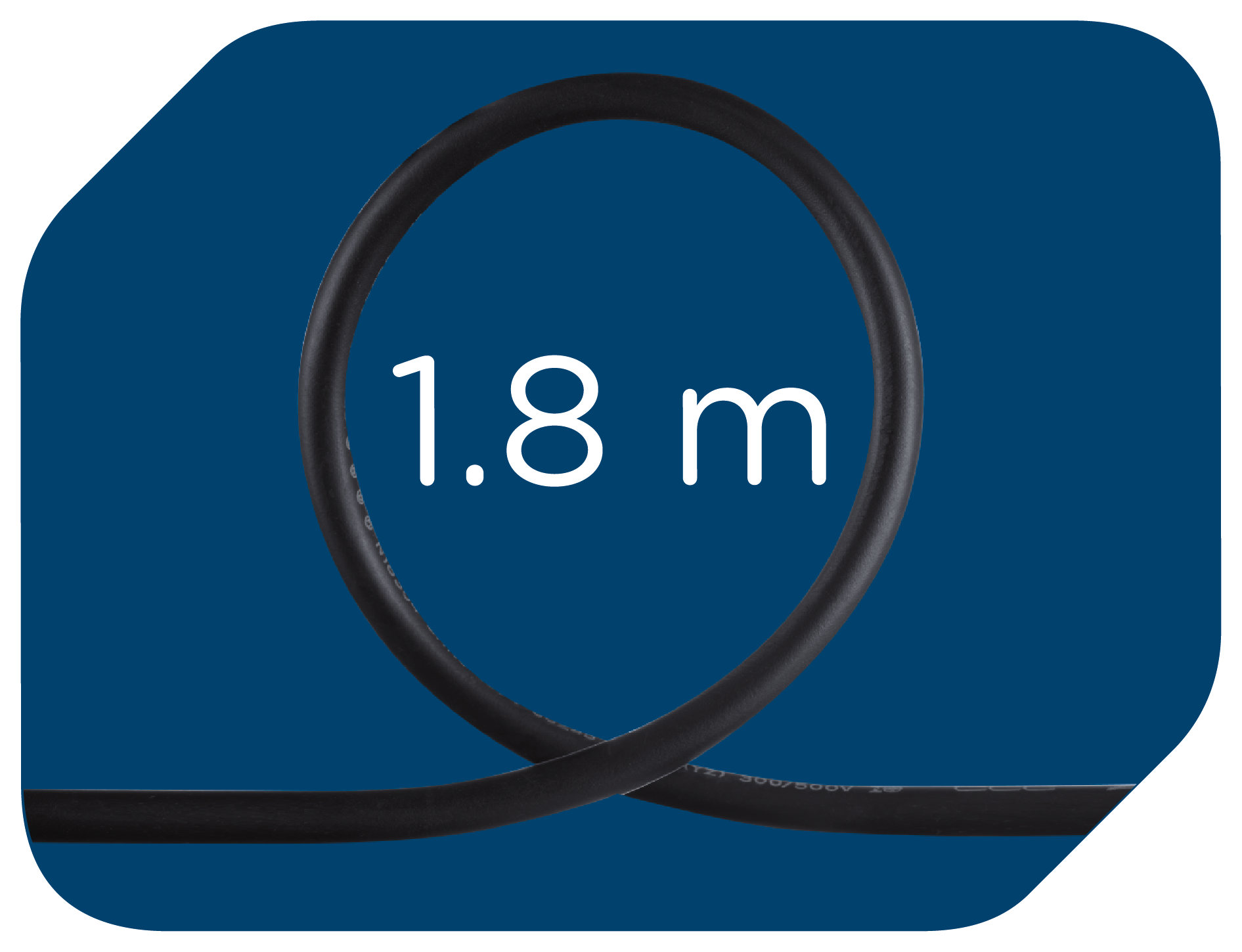 Schwarzes, gewickeltes Kabel mit weißem Text '1,8 m' auf blauem Hintergrund.