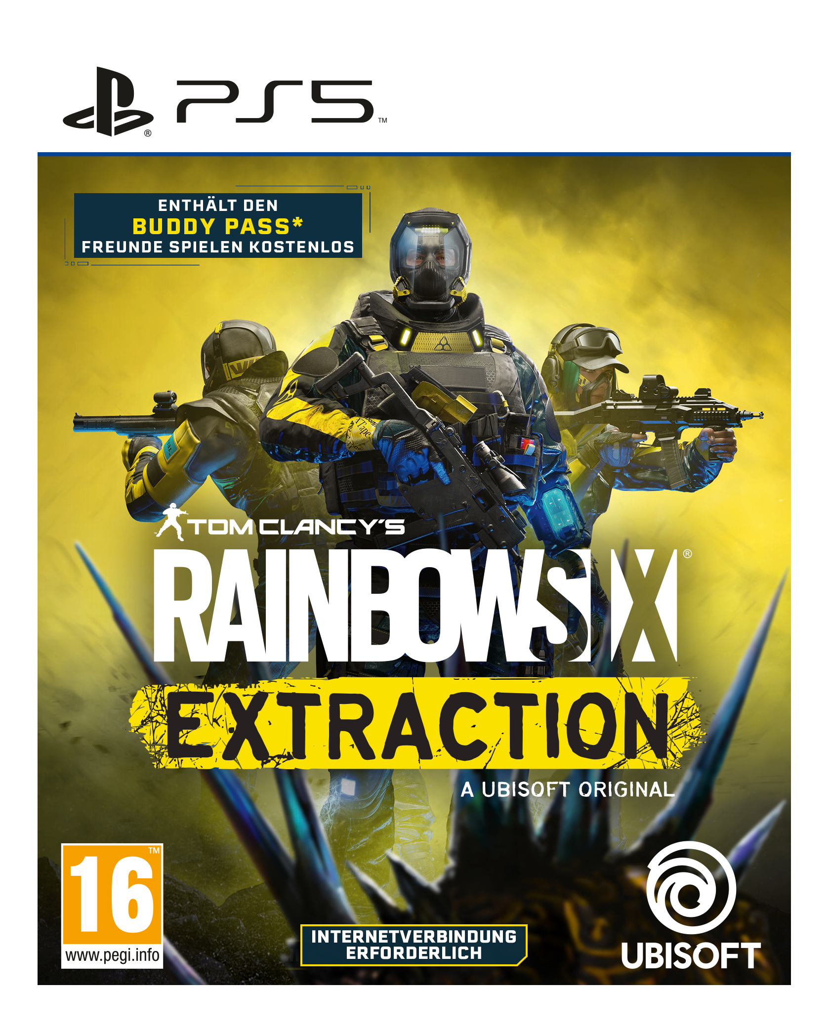 Couverture du jeu : Soldats en équipement tactique, avec le titre 'Tom Clancy's Rainbow Six Extraction'.