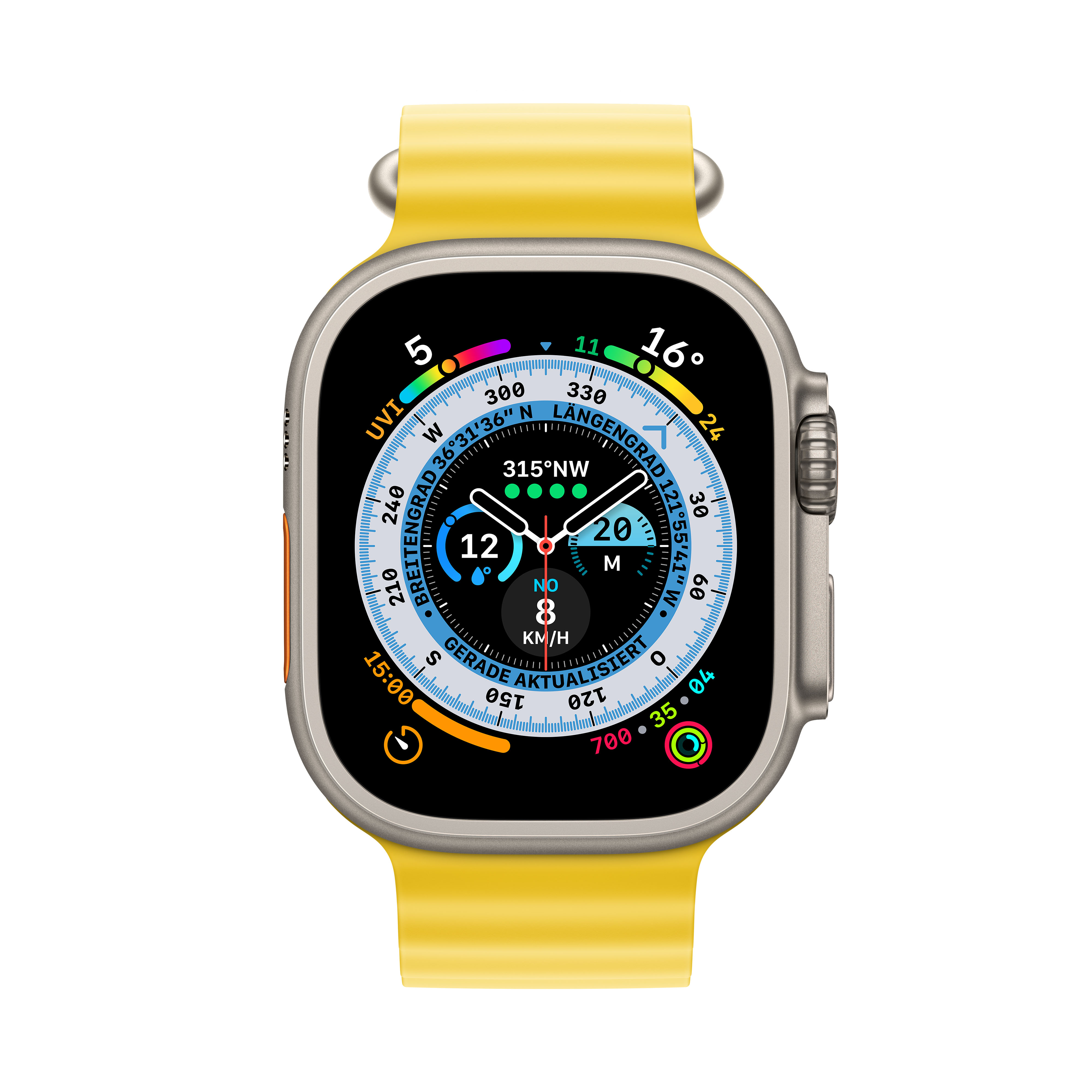 Gelbe Smartwatch mit schwarzem Display, silbernem Rahmen und gelbem Armband.